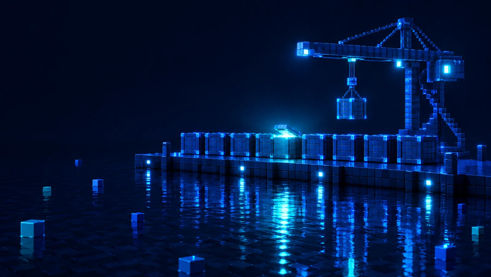 A voxel harbour at night: a crane lowers a glowing crate onto a quay lined with blue crates.